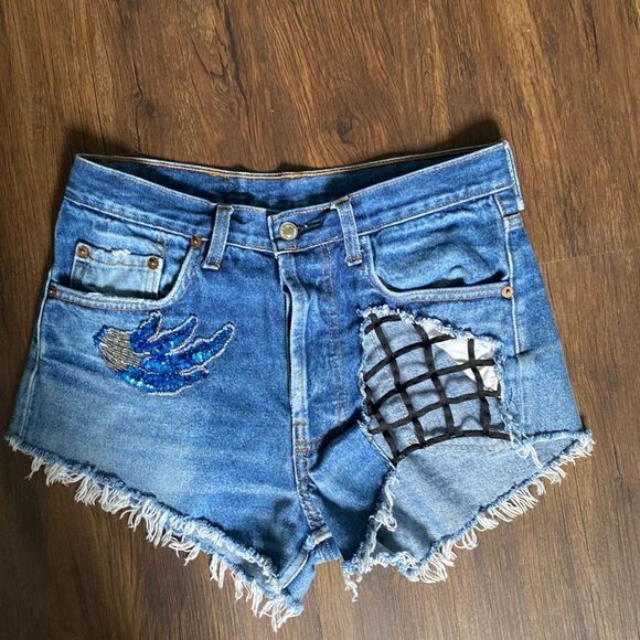LF Denim Fish Net Sequin Festival Summer Shorts - Picture 1 of 4